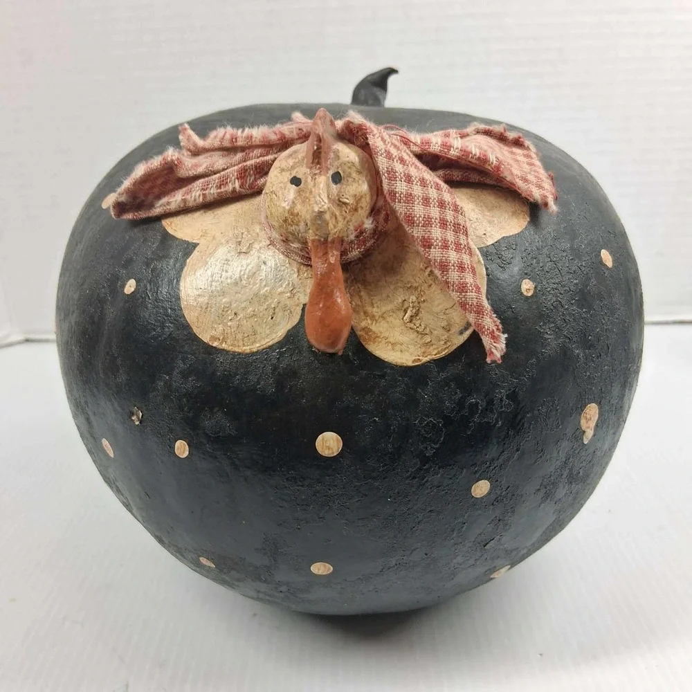 Hand-painted Primitive Folk Art  Gourd Chicken Black Polka Dot Farmhouse Decor